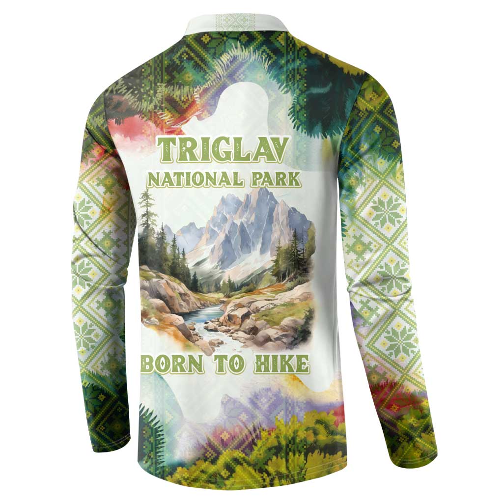 Triglav National Park Button Sweatshirt Mountain Landscape with Slovenia Crest and Folk Art Details