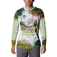 Triglav National Park Button Sweatshirt Mountain Landscape with Slovenia Crest and Folk Art Details