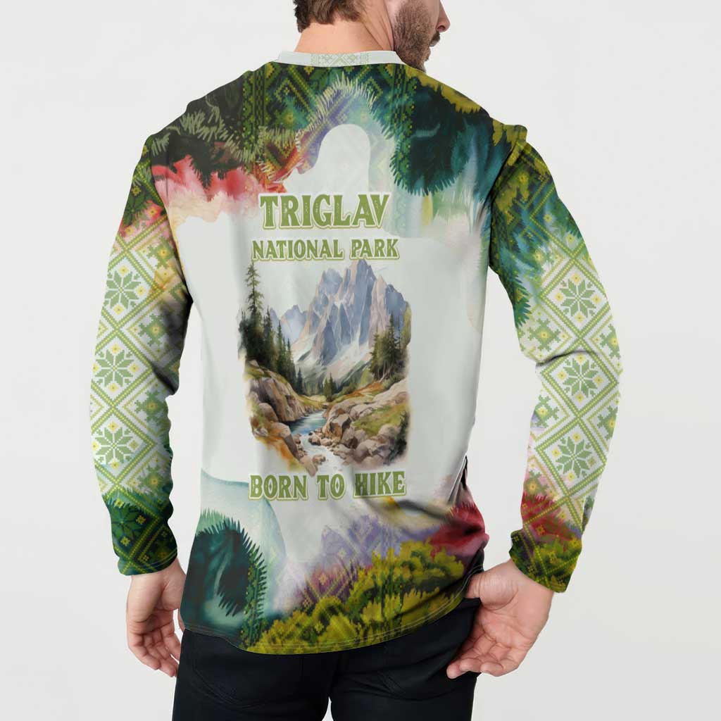 Triglav National Park Button Sweatshirt Mountain Landscape with Slovenia Crest and Folk Art Details