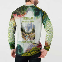 Triglav National Park Button Sweatshirt Mountain Landscape with Slovenia Crest and Folk Art Details