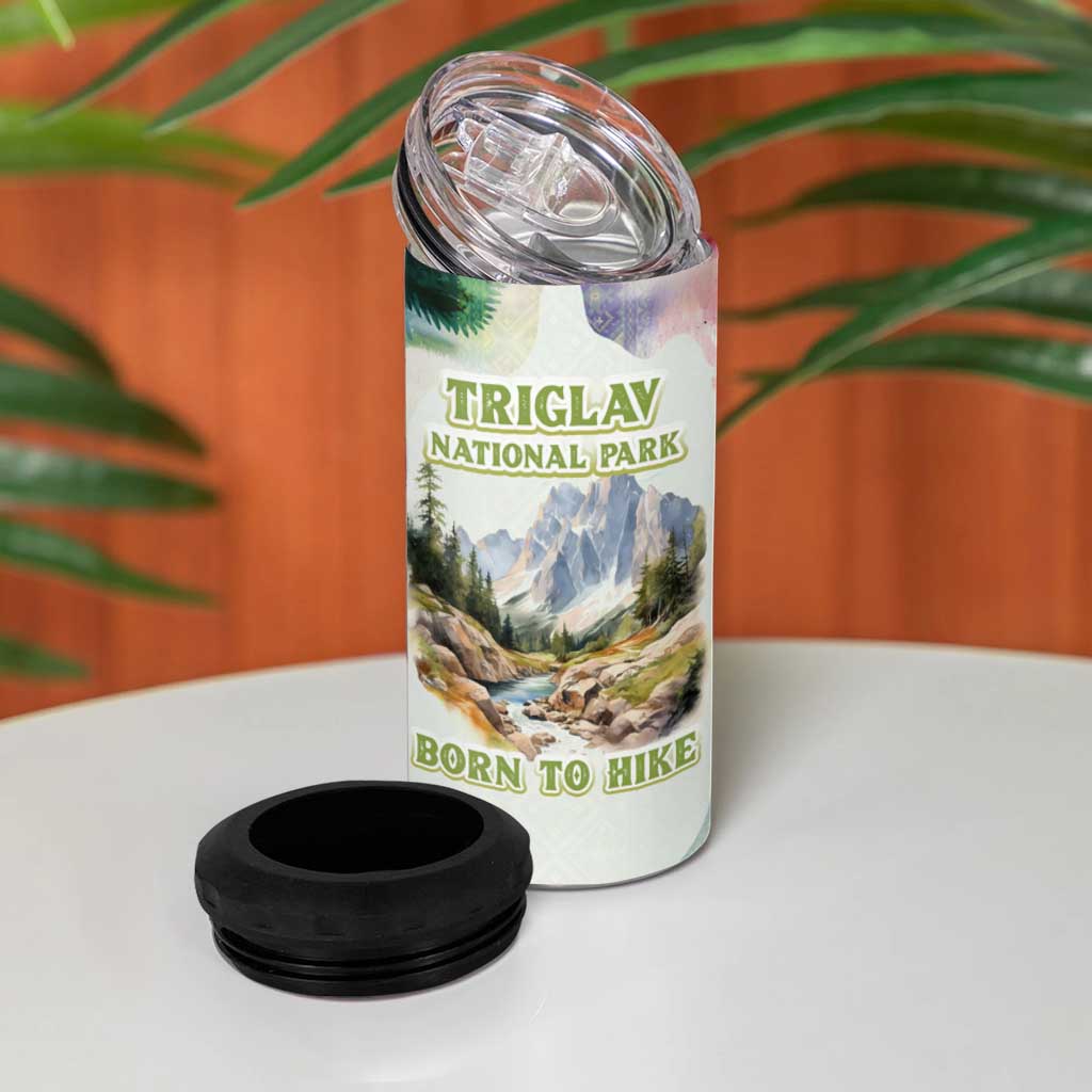Triglav National Park 4 in 1 Can Cooler Tumbler Mountain Landscape with Slovenia Crest and Folk Art Details