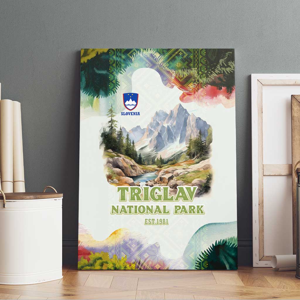 Triglav National Park Canvas Wall Art Mountain Landscape with Slovenia Crest and Folk Art Details