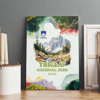 Triglav National Park Canvas Wall Art Mountain Landscape with Slovenia Crest and Folk Art Details