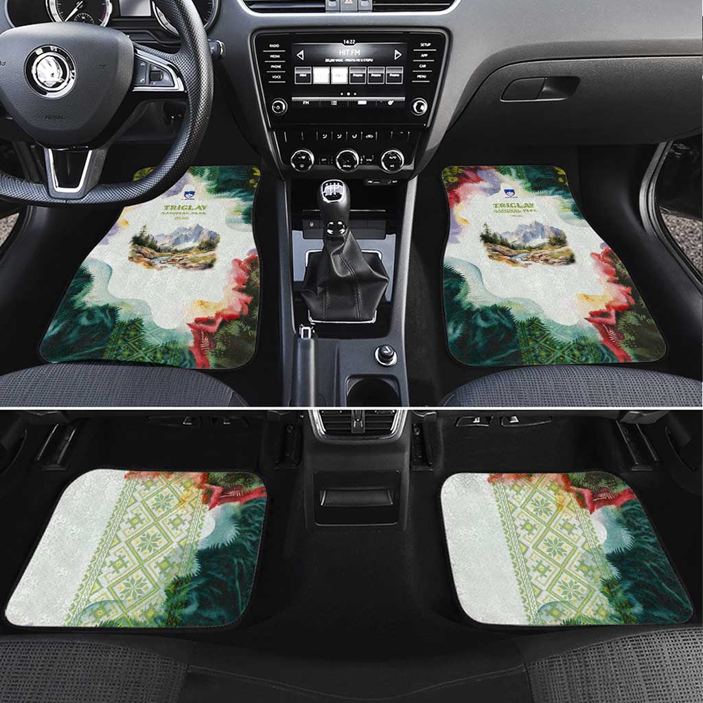 Triglav National Park Car Mats Mountain Landscape with Slovenia Crest and Folk Art Details