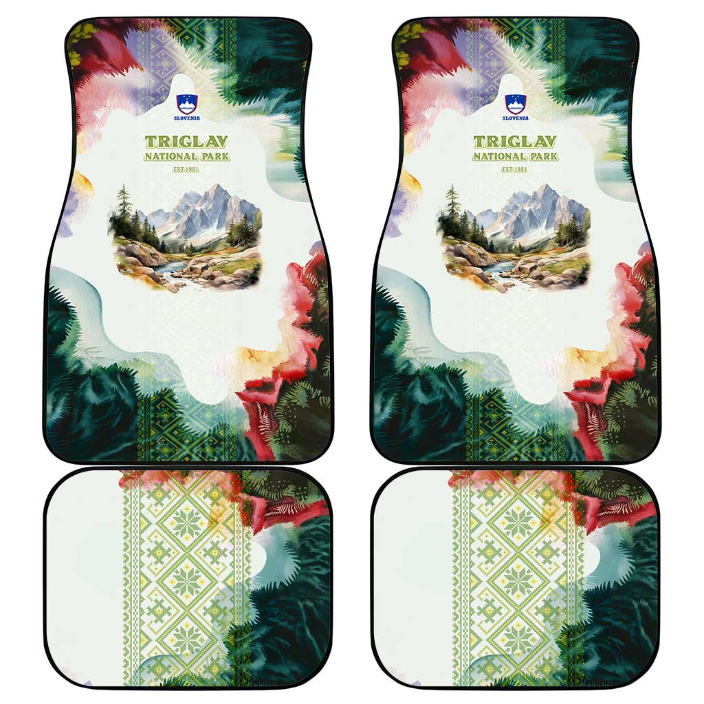 Triglav National Park Car Mats Mountain Landscape with Slovenia Crest and Folk Art Details