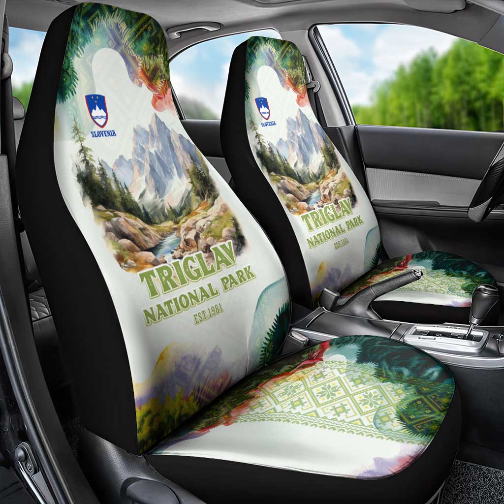 Triglav National Park Car Seat Cover Mountain Landscape with Slovenia Crest and Folk Art Details
