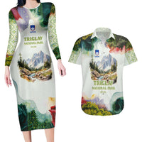 Triglav National Park Couples Matching Long Sleeve Bodycon Dress and Hawaiian Shirt Mountain Landscape with Slovenia Crest and Folk Art Details
