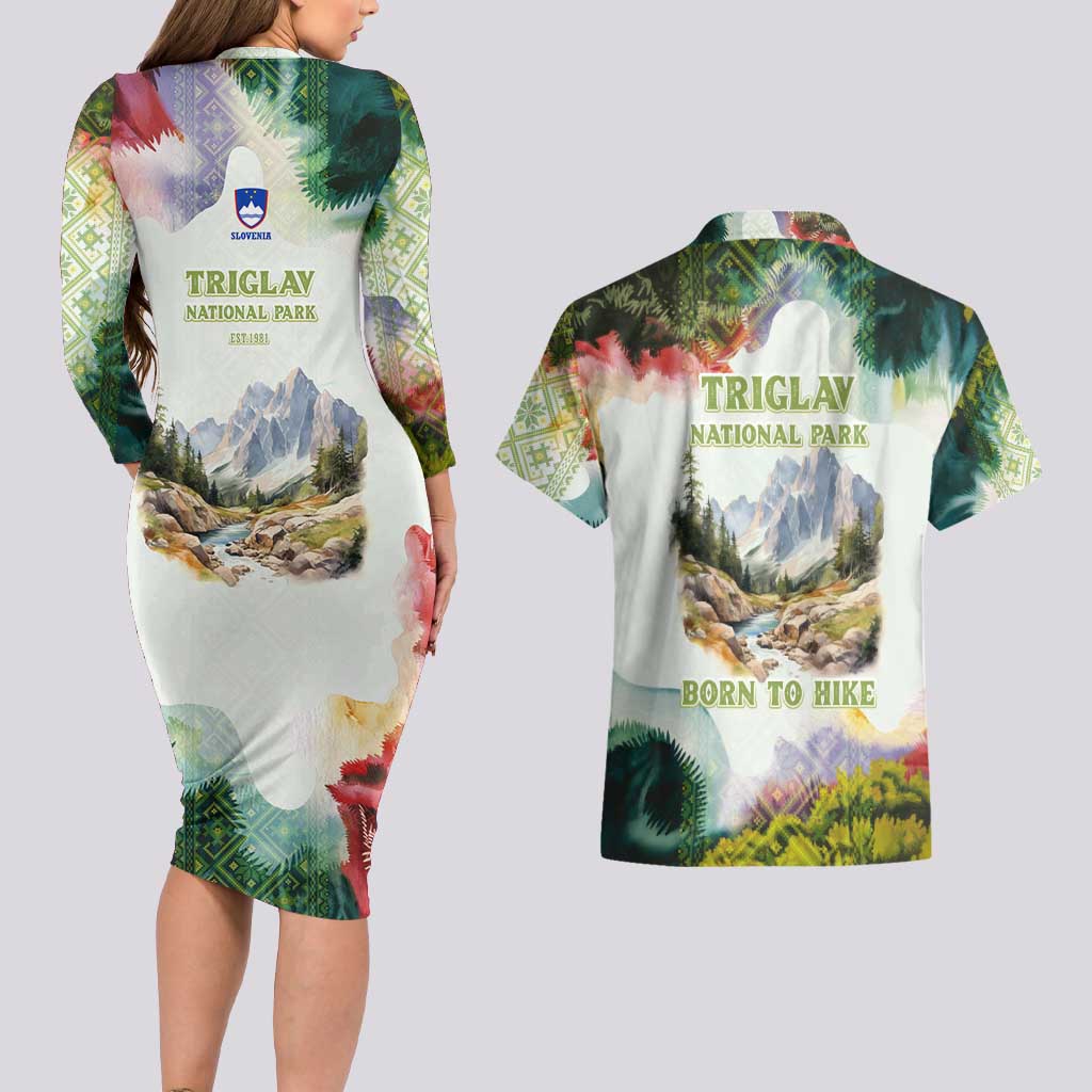 Triglav National Park Couples Matching Long Sleeve Bodycon Dress and Hawaiian Shirt Mountain Landscape with Slovenia Crest and Folk Art Details