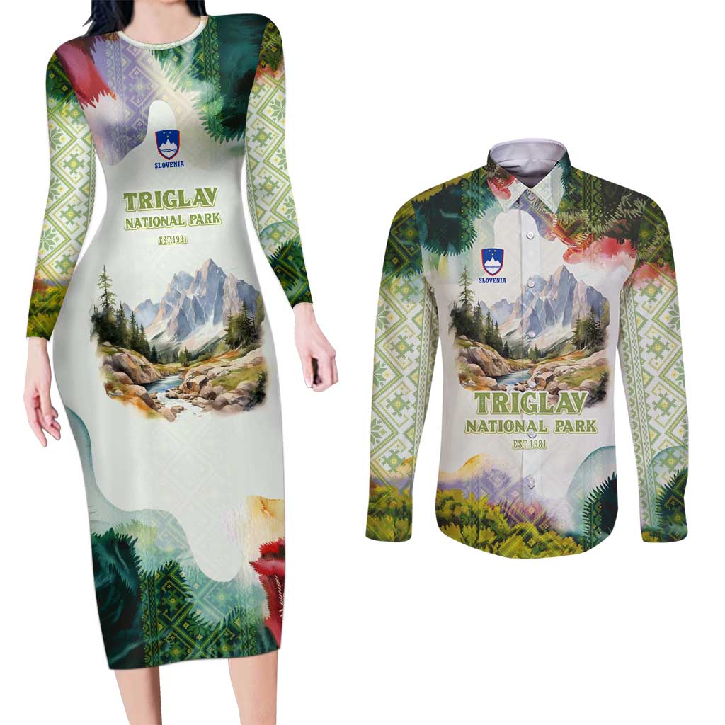 Triglav National Park Couples Matching Long Sleeve Bodycon Dress and Long Sleeve Button Shirt Mountain Landscape with Slovenia Crest and Folk Art Details
