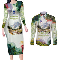 Triglav National Park Couples Matching Long Sleeve Bodycon Dress and Long Sleeve Button Shirt Mountain Landscape with Slovenia Crest and Folk Art Details
