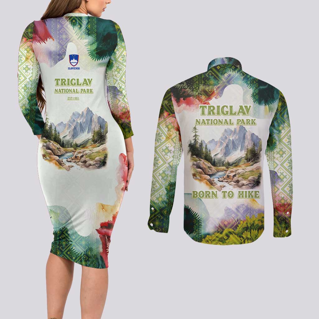 Triglav National Park Couples Matching Long Sleeve Bodycon Dress and Long Sleeve Button Shirt Mountain Landscape with Slovenia Crest and Folk Art Details