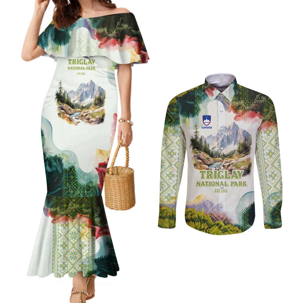 Triglav National Park Couples Matching Mermaid Dress and Long Sleeve Button Shirt Mountain Landscape with Slovenia Crest and Folk Art Details