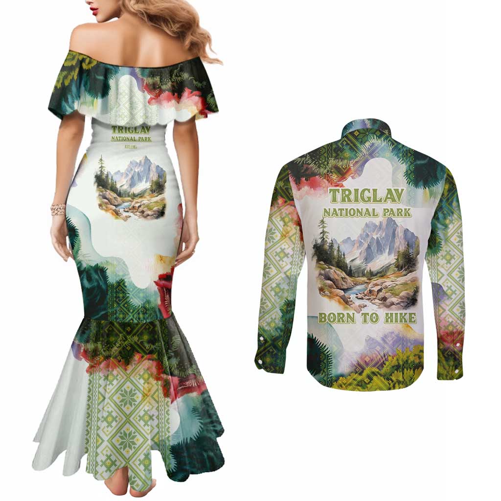 Triglav National Park Couples Matching Mermaid Dress and Long Sleeve Button Shirt Mountain Landscape with Slovenia Crest and Folk Art Details