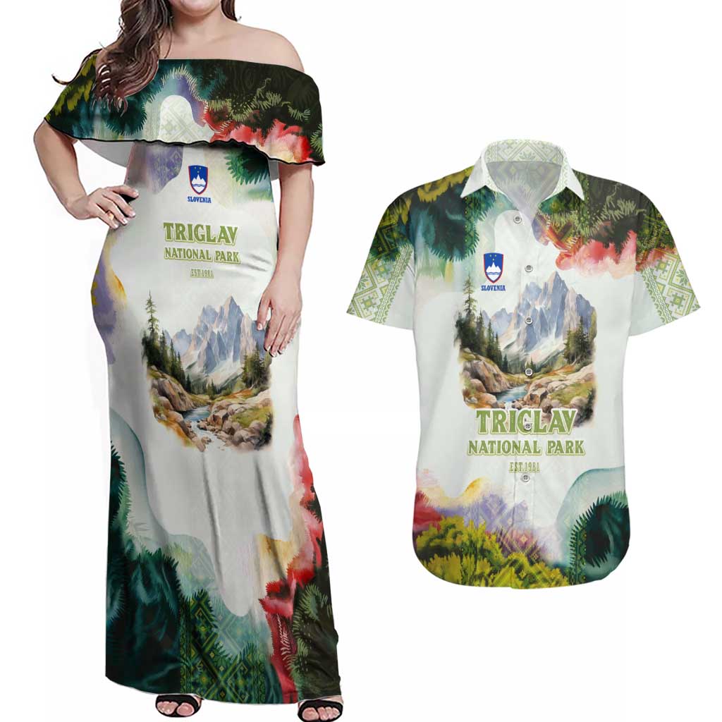 Triglav National Park Couples Matching Off Shoulder Maxi Dress and Hawaiian Shirt Mountain Landscape with Slovenia Crest and Folk Art Details