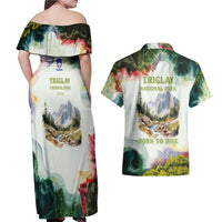 Triglav National Park Couples Matching Off Shoulder Maxi Dress and Hawaiian Shirt Mountain Landscape with Slovenia Crest and Folk Art Details
