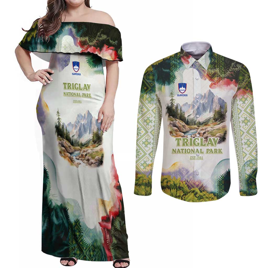 Triglav National Park Couples Matching Off Shoulder Maxi Dress and Long Sleeve Button Shirt Mountain Landscape with Slovenia Crest and Folk Art Details