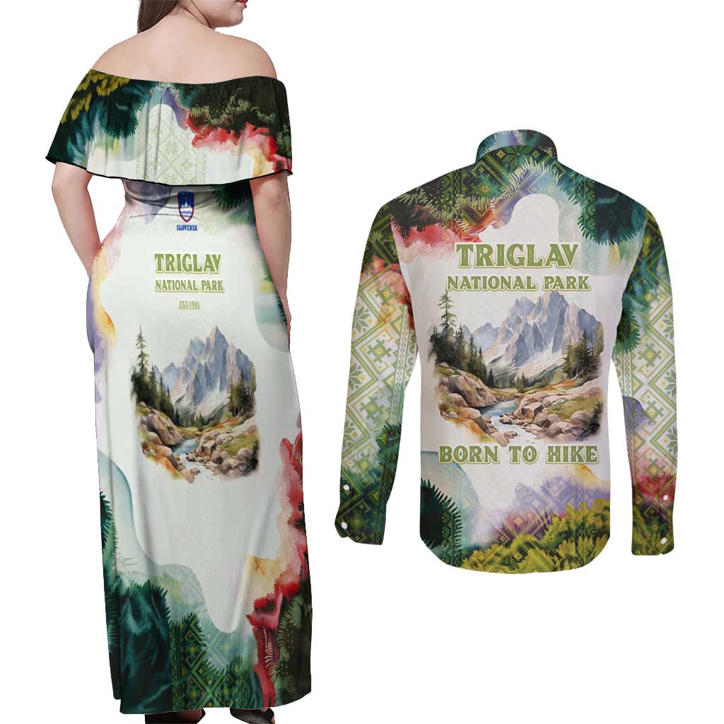 Triglav National Park Couples Matching Off Shoulder Maxi Dress and Long Sleeve Button Shirt Mountain Landscape with Slovenia Crest and Folk Art Details