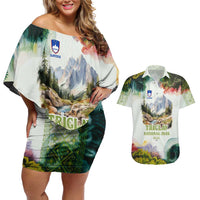 Triglav National Park Couples Matching Off Shoulder Short Dress and Hawaiian Shirt Mountain Landscape with Slovenia Crest and Folk Art Details