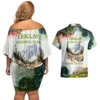 Triglav National Park Couples Matching Off Shoulder Short Dress and Hawaiian Shirt Mountain Landscape with Slovenia Crest and Folk Art Details