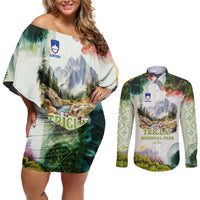Triglav National Park Couples Matching Off Shoulder Short Dress and Long Sleeve Button Shirt Mountain Landscape with Slovenia Crest and Folk Art Details