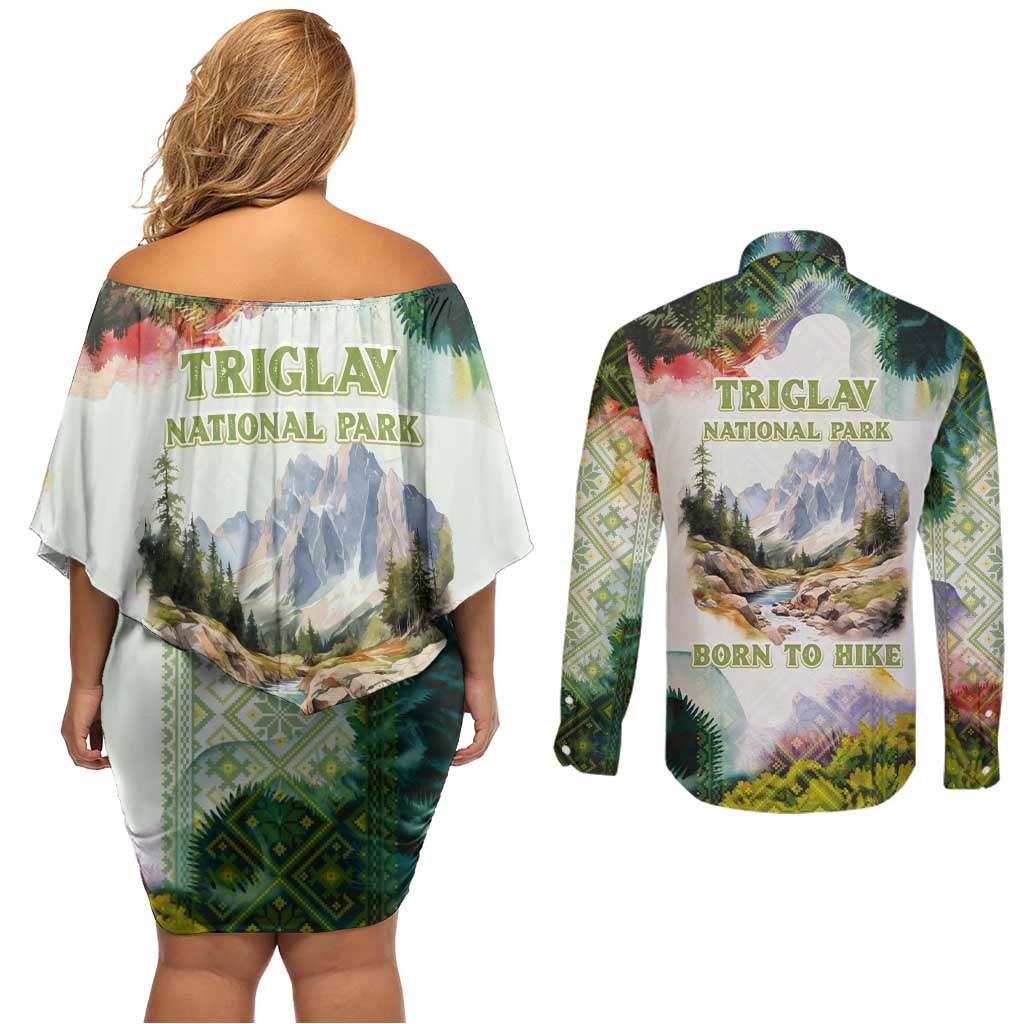 Triglav National Park Couples Matching Off Shoulder Short Dress and Long Sleeve Button Shirt Mountain Landscape with Slovenia Crest and Folk Art Details