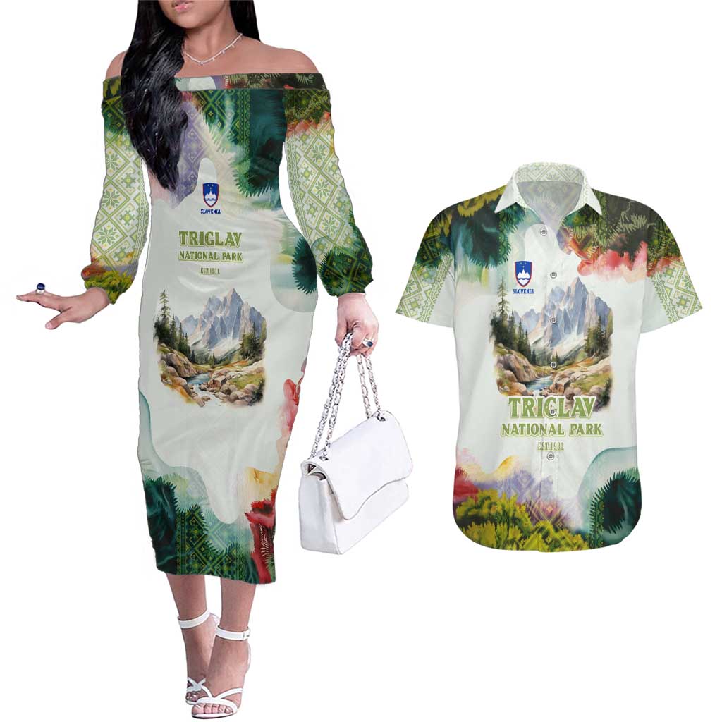Triglav National Park Couples Matching Off The Shoulder Long Sleeve Dress and Hawaiian Shirt Mountain Landscape with Slovenia Crest and Folk Art Details
