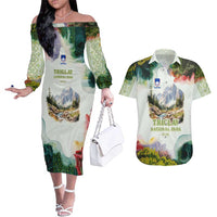 Triglav National Park Couples Matching Off The Shoulder Long Sleeve Dress and Hawaiian Shirt Mountain Landscape with Slovenia Crest and Folk Art Details