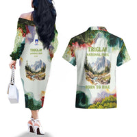 Triglav National Park Couples Matching Off The Shoulder Long Sleeve Dress and Hawaiian Shirt Mountain Landscape with Slovenia Crest and Folk Art Details