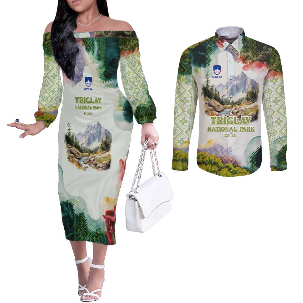 Triglav National Park Couples Matching Off The Shoulder Long Sleeve Dress and Long Sleeve Button Shirt Mountain Landscape with Slovenia Crest and Folk Art Details