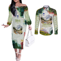 Triglav National Park Couples Matching Off The Shoulder Long Sleeve Dress and Long Sleeve Button Shirt Mountain Landscape with Slovenia Crest and Folk Art Details