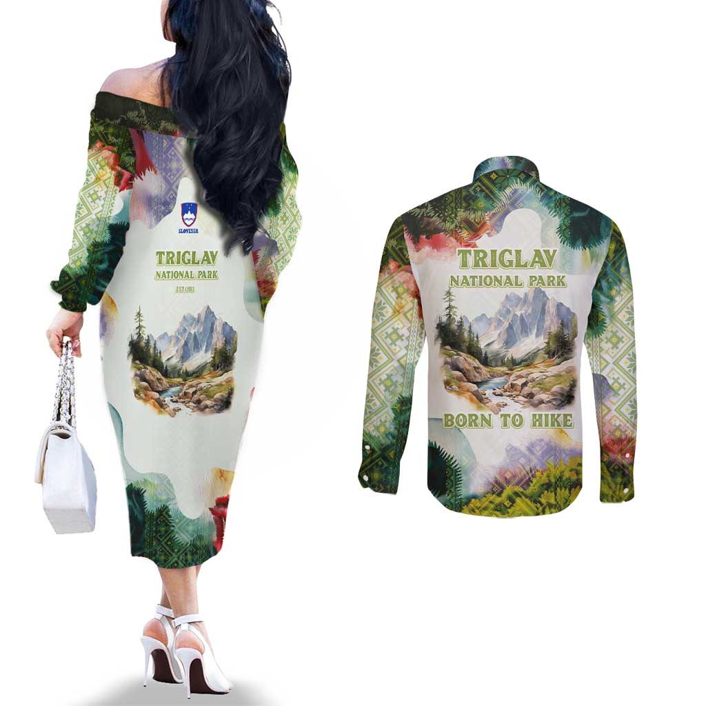 Triglav National Park Couples Matching Off The Shoulder Long Sleeve Dress and Long Sleeve Button Shirt Mountain Landscape with Slovenia Crest and Folk Art Details
