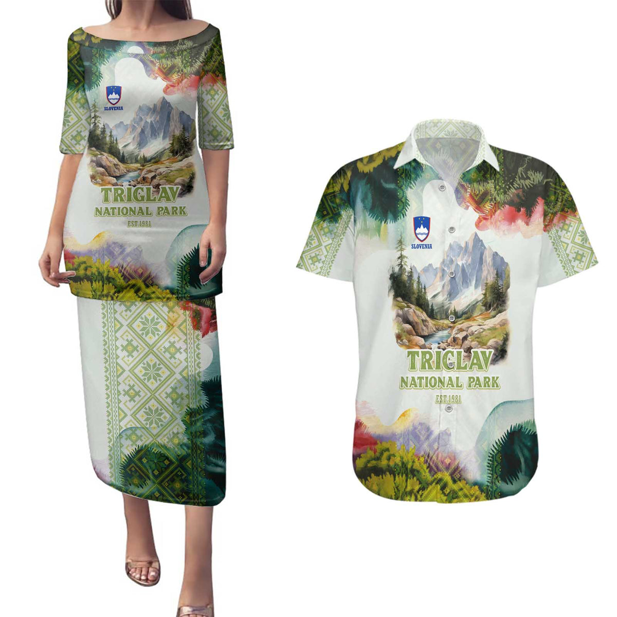 Triglav National Park Couples Matching Puletasi and Hawaiian Shirt Mountain Landscape with Slovenia Crest and Folk Art Details