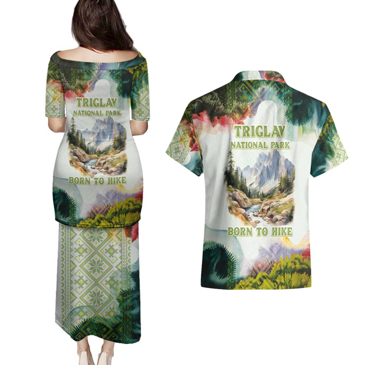 Triglav National Park Couples Matching Puletasi and Hawaiian Shirt Mountain Landscape with Slovenia Crest and Folk Art Details