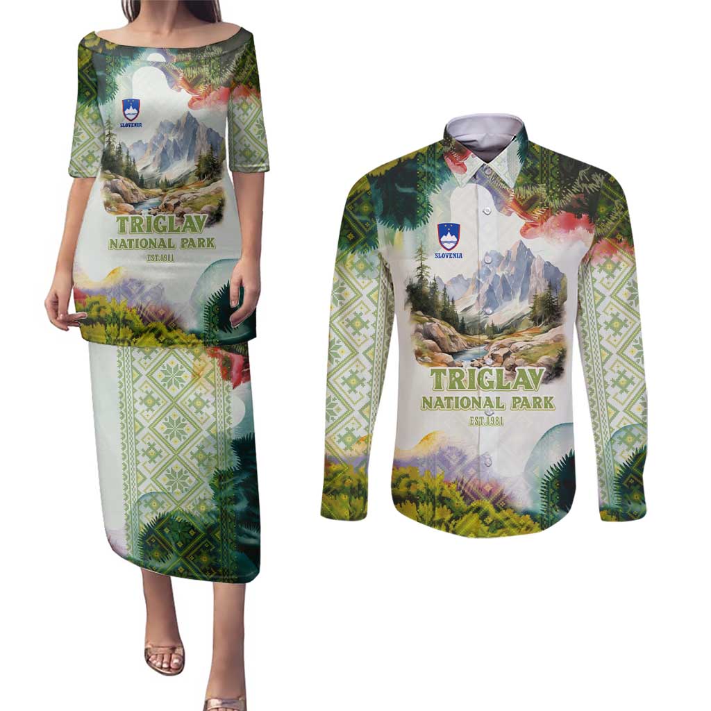 Triglav National Park Couples Matching Puletasi and Long Sleeve Button Shirt Mountain Landscape with Slovenia Crest and Folk Art Details