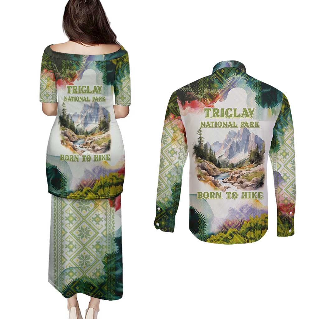 Triglav National Park Couples Matching Puletasi and Long Sleeve Button Shirt Mountain Landscape with Slovenia Crest and Folk Art Details