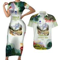 Triglav National Park Couples Matching Short Sleeve Bodycon Dress and Hawaiian Shirt Mountain Landscape with Slovenia Crest and Folk Art Details