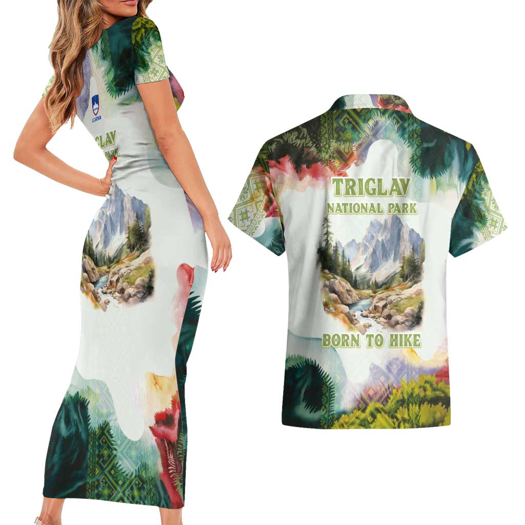 Triglav National Park Couples Matching Short Sleeve Bodycon Dress and Hawaiian Shirt Mountain Landscape with Slovenia Crest and Folk Art Details