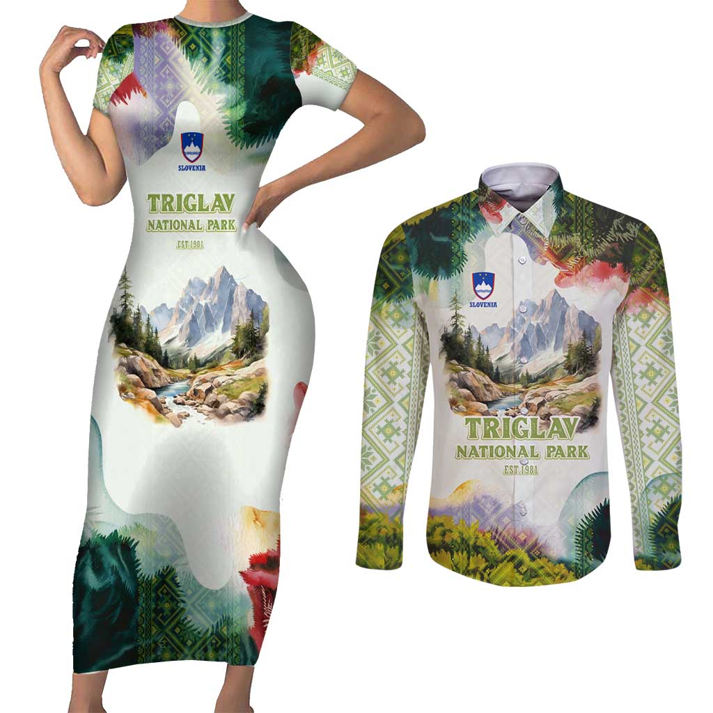 Triglav National Park Couples Matching Short Sleeve Bodycon Dress and Long Sleeve Button Shirt Mountain Landscape with Slovenia Crest and Folk Art Details