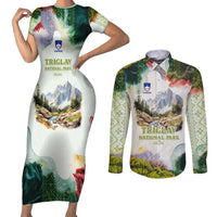 Triglav National Park Couples Matching Short Sleeve Bodycon Dress and Long Sleeve Button Shirt Mountain Landscape with Slovenia Crest and Folk Art Details