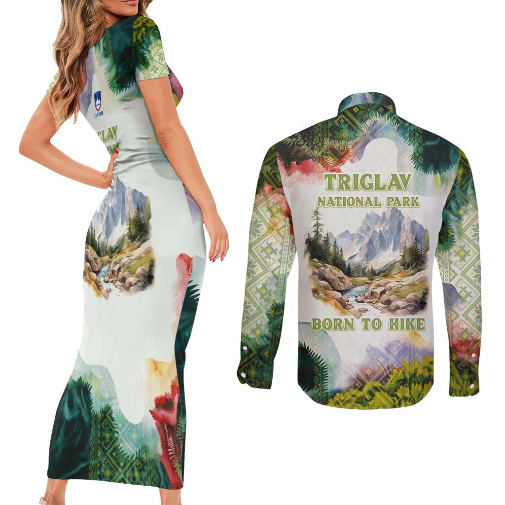 Triglav National Park Couples Matching Short Sleeve Bodycon Dress and Long Sleeve Button Shirt Mountain Landscape with Slovenia Crest and Folk Art Details