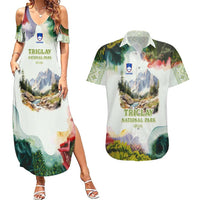 Triglav National Park Couples Matching Summer Maxi Dress and Hawaiian Shirt Mountain Landscape with Slovenia Crest and Folk Art Details