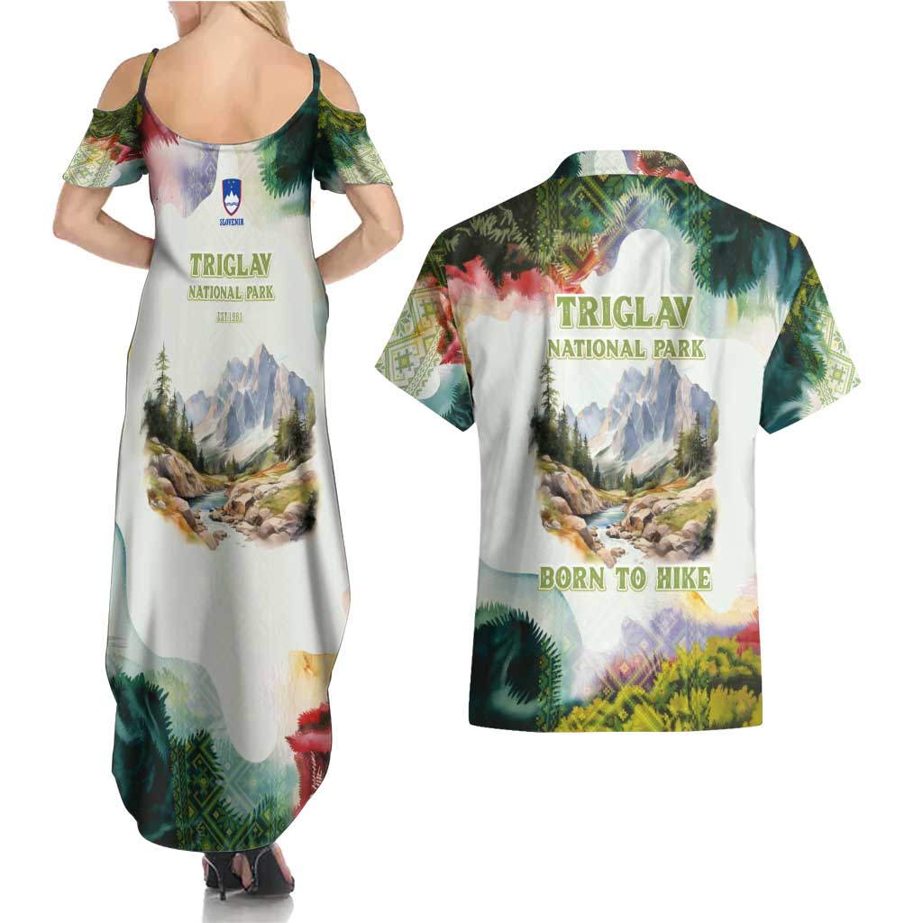 Triglav National Park Couples Matching Summer Maxi Dress and Hawaiian Shirt Mountain Landscape with Slovenia Crest and Folk Art Details