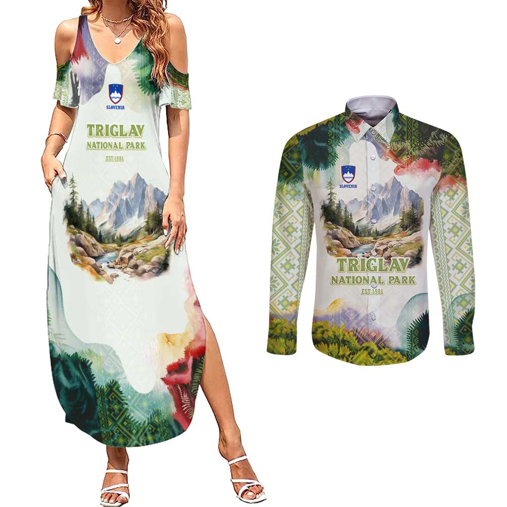 Triglav National Park Couples Matching Summer Maxi Dress and Long Sleeve Button Shirt Mountain Landscape with Slovenia Crest and Folk Art Details