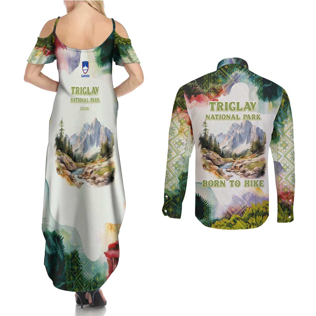 Triglav National Park Couples Matching Summer Maxi Dress and Long Sleeve Button Shirt Mountain Landscape with Slovenia Crest and Folk Art Details