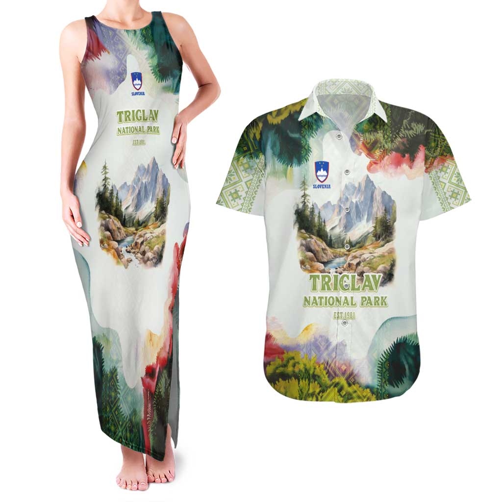 Triglav National Park Couples Matching Tank Maxi Dress and Hawaiian Shirt Mountain Landscape with Slovenia Crest and Folk Art Details