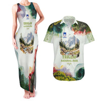Triglav National Park Couples Matching Tank Maxi Dress and Hawaiian Shirt Mountain Landscape with Slovenia Crest and Folk Art Details