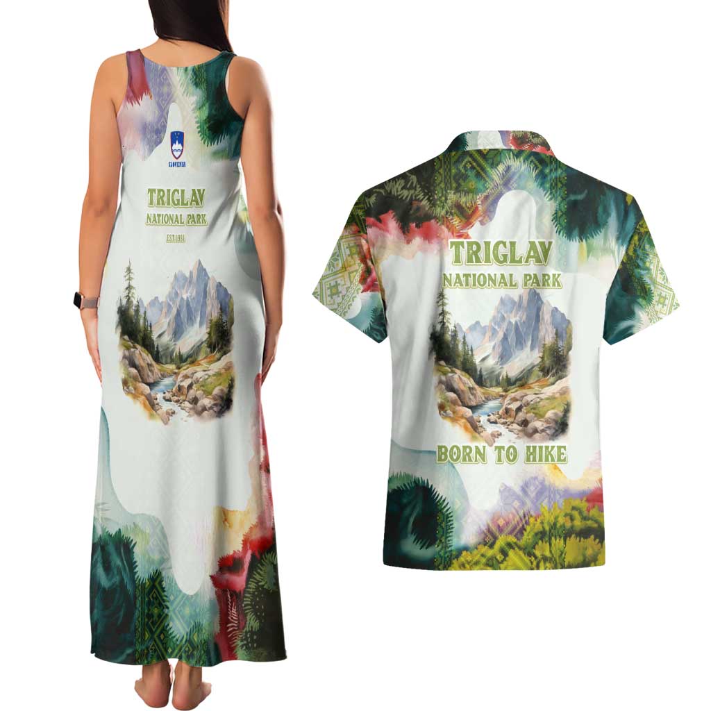 Triglav National Park Couples Matching Tank Maxi Dress and Hawaiian Shirt Mountain Landscape with Slovenia Crest and Folk Art Details