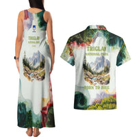 Triglav National Park Couples Matching Tank Maxi Dress and Hawaiian Shirt Mountain Landscape with Slovenia Crest and Folk Art Details
