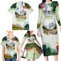 Triglav National Park Family Matching Long Sleeve Bodycon Dress and Hawaiian Shirt Mountain Landscape with Slovenia Crest and Folk Art Details