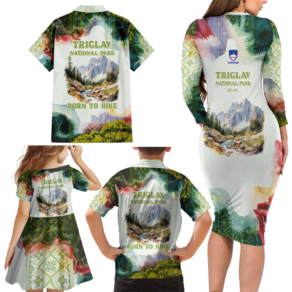 Triglav National Park Family Matching Long Sleeve Bodycon Dress and Hawaiian Shirt Mountain Landscape with Slovenia Crest and Folk Art Details